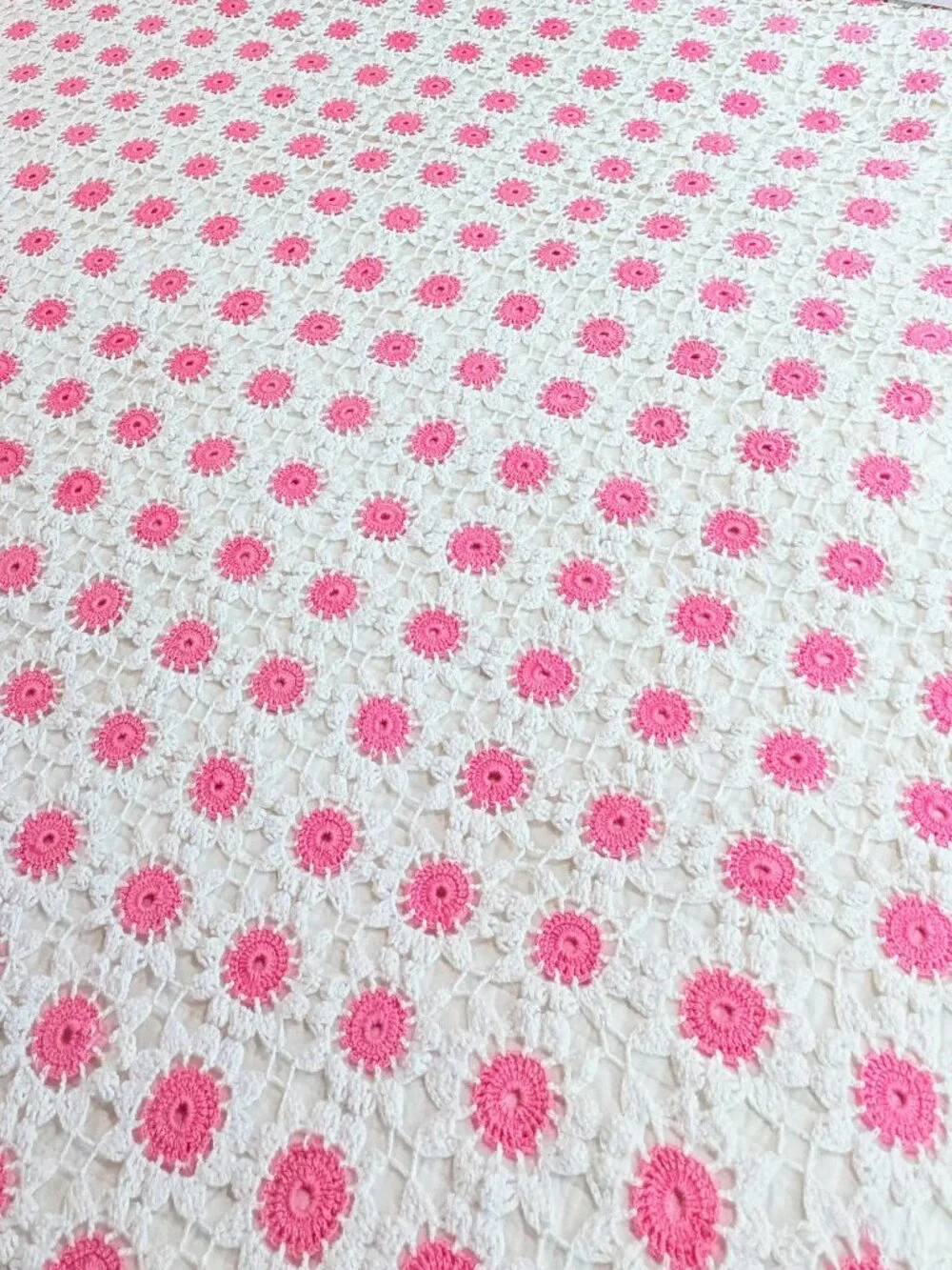 Boho Cottagecore Crochet Quilt ~ Bright Pink/White ~ Hand Crocheted Cotton